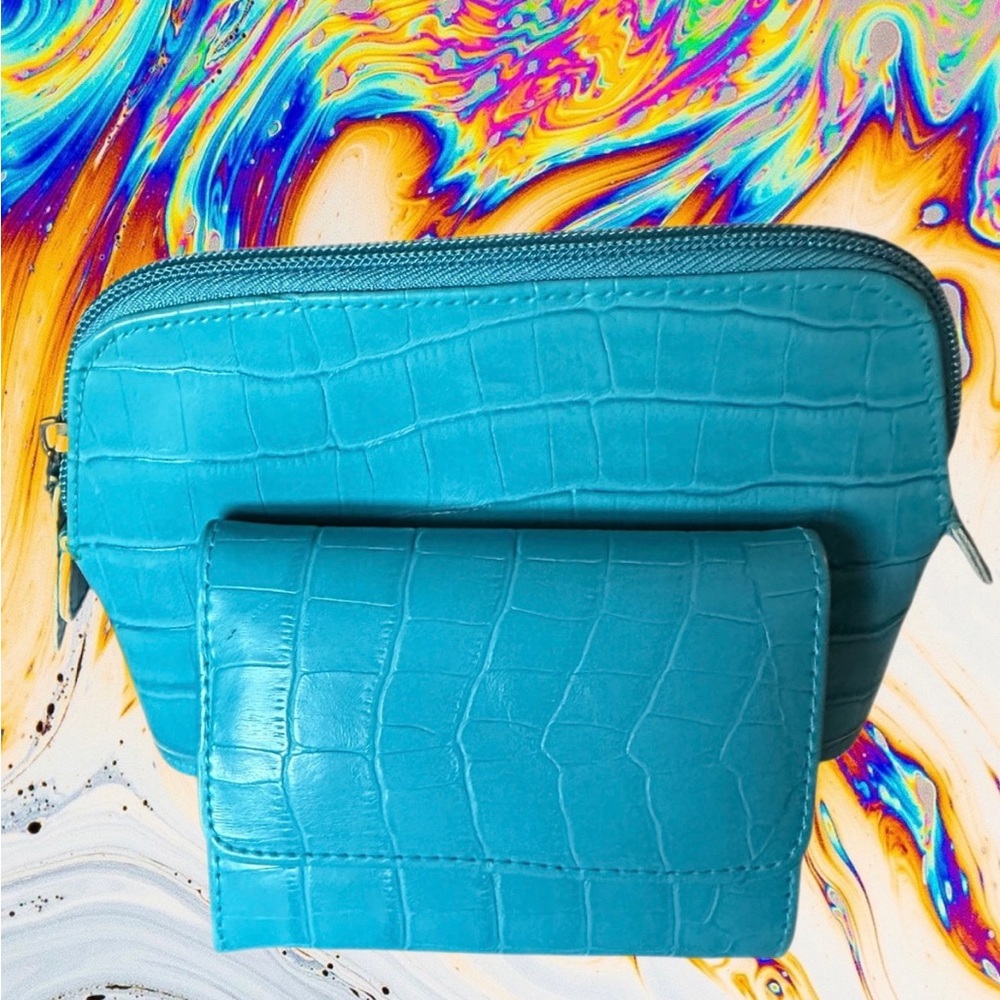 Bijoux Terner Turquoise Faux Croc Embossed Leather Cosmetic Bag & Wallet Set